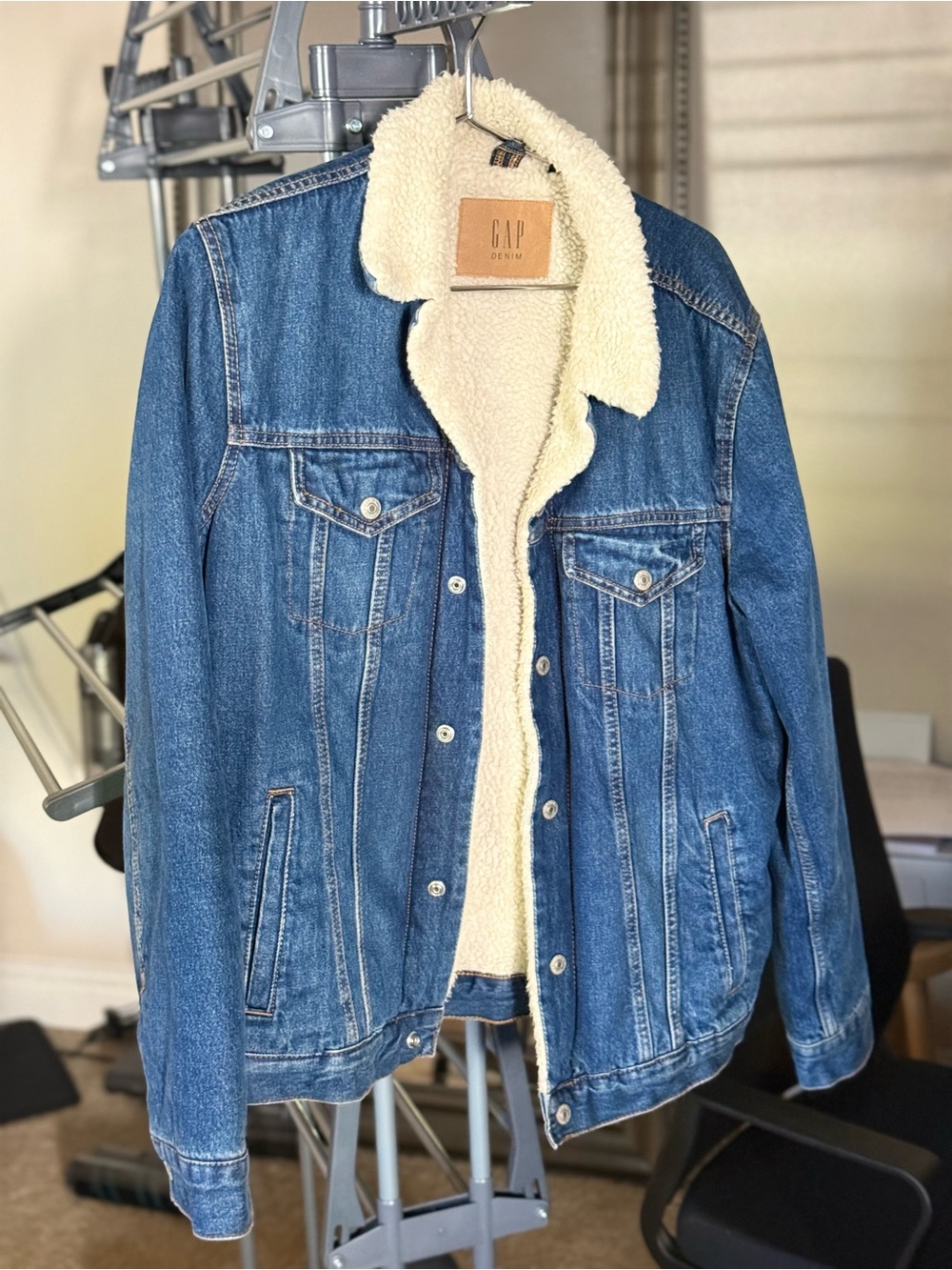 GAP Blue Denim Jacket with Cream Sherpa Collar